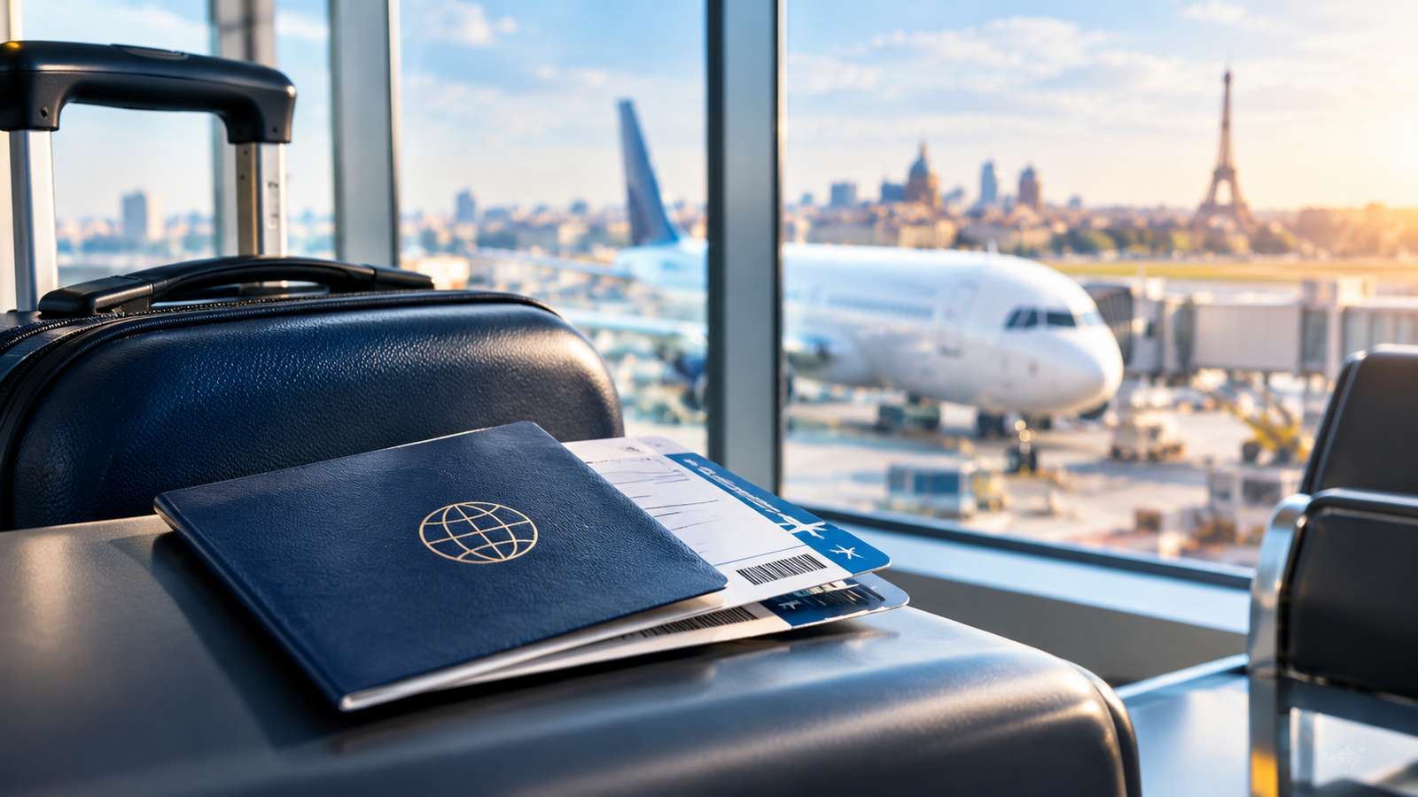 Passport and boarding passes at an international airport